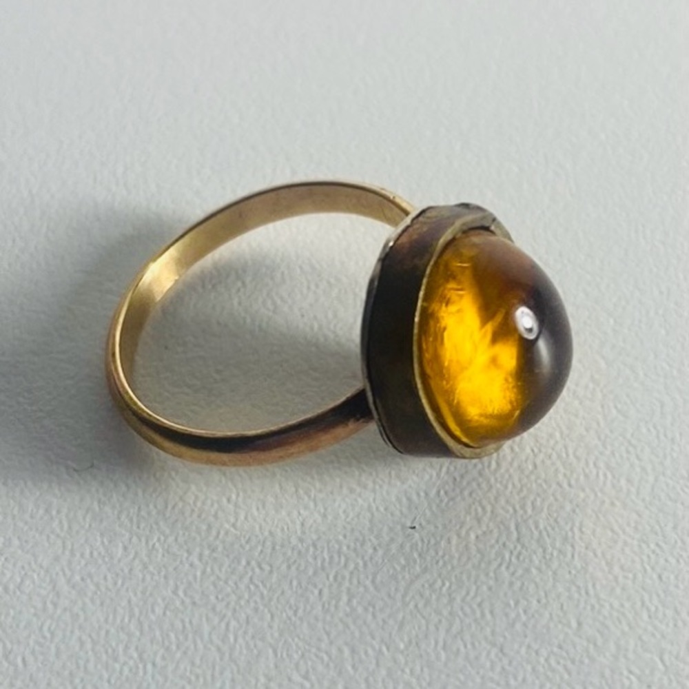 Size 7.5 Vintage Honey Glass Ring Yellow Gold and Silver Statement Cocktail Gem